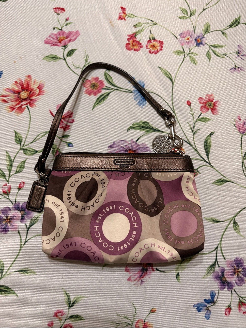 Coach Madison C logo Print Wristlet in Pink, Brown & Cream